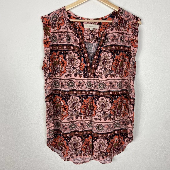 LOFT Tops - Loft Paisley Floral Top L Pink Coral Boho Print Split V Neck